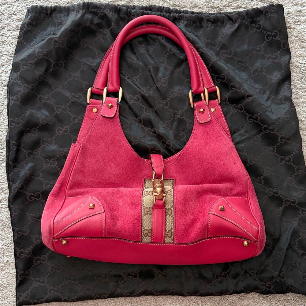 Gucci Nailhead Bardot Handbag, Magenta Suede & Leather Shoulder Bag